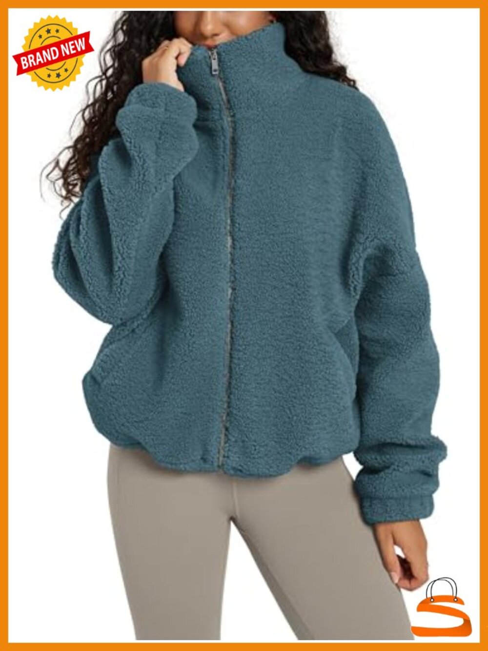 Sherpa Fleece Full-Zip Jacket Long Sleeve Cinchable Coat Warm with Pockets